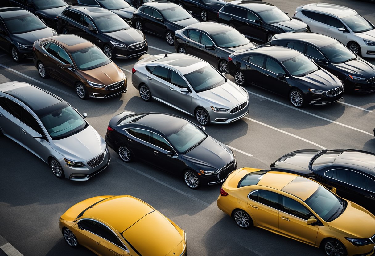 A lineup of popular sedans being compared in a test, with judges evaluating and comparing their features and performance