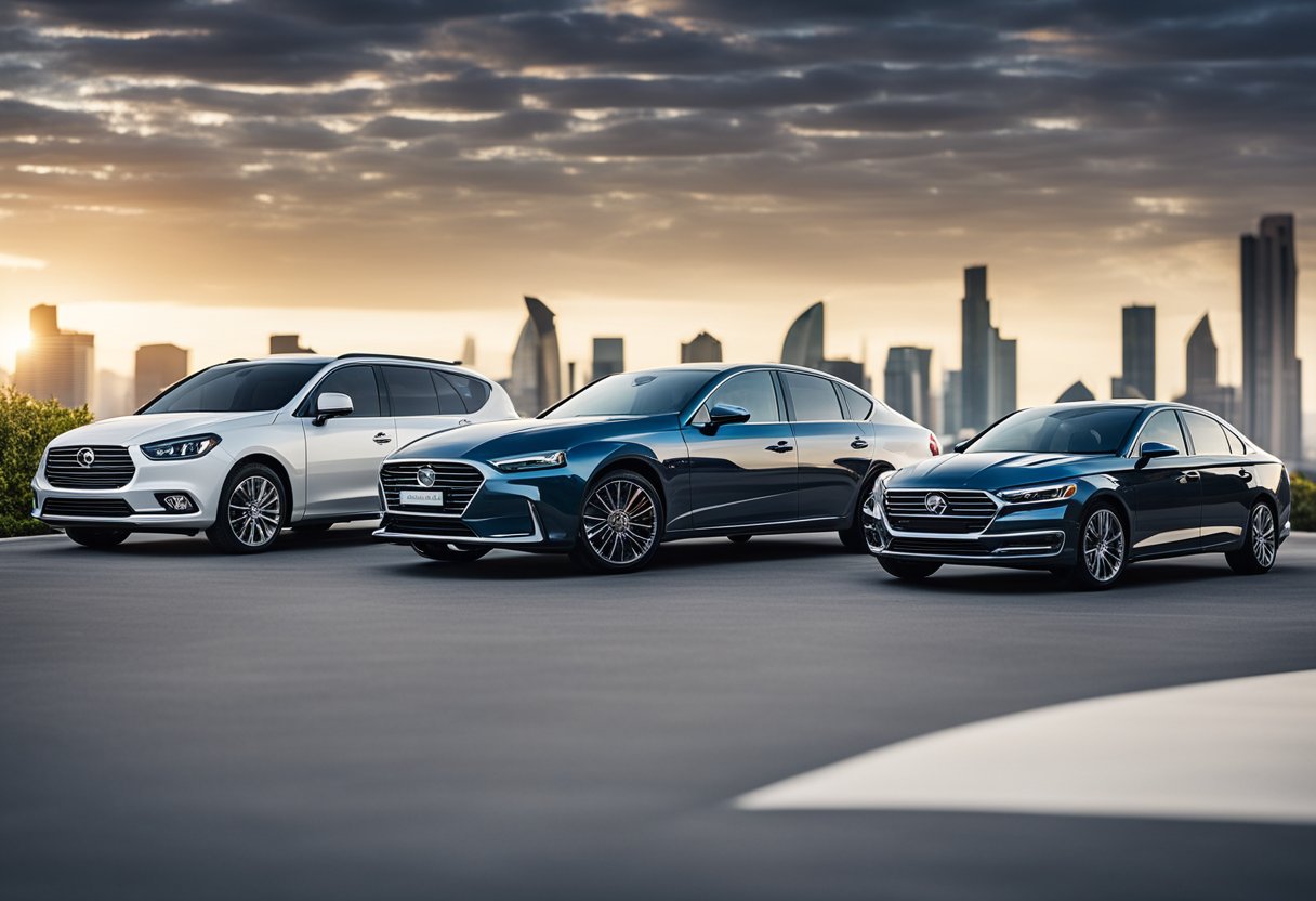 A lineup of popular sedans being compared in a test, with data and results displayed on a chart or screen