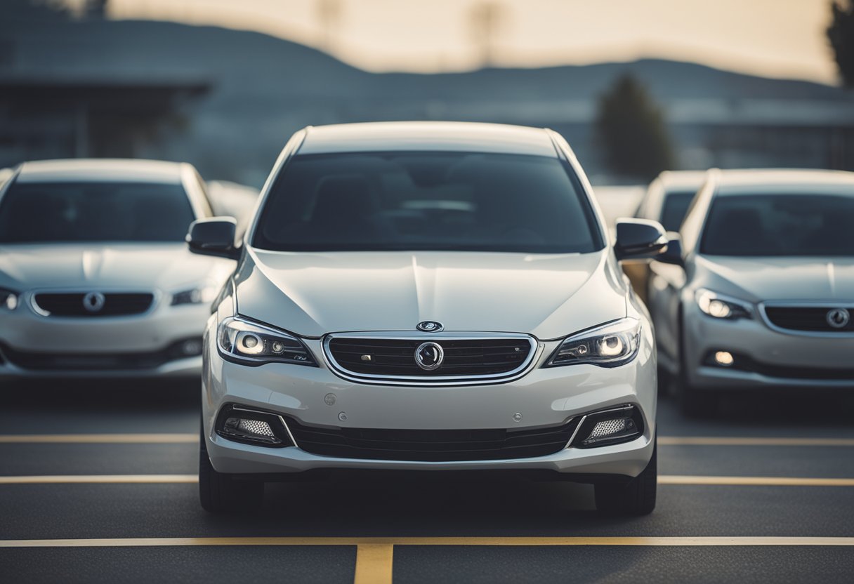 A group of popular sedan cars lined up for a comparative test, with question marks floating above them