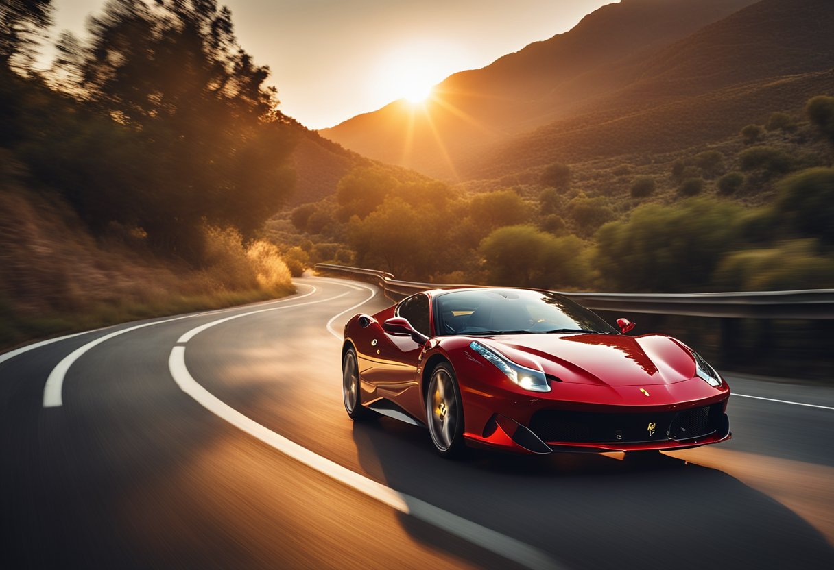 A sleek red Ferrari speeds down a winding road, with the sun setting in the background, casting a warm glow on the car's glossy exterior