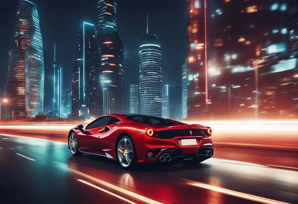 A sleek red Ferrari speeding through a futuristic cityscape at night, with neon lights reflecting off its polished exterior