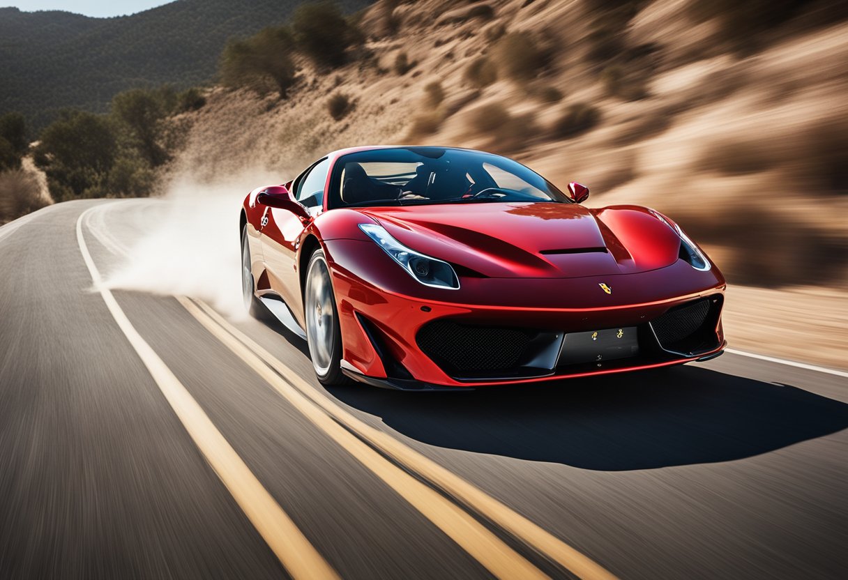 A red Ferrari speeds through a winding road, leaving a trail of tire marks and kicking up dust. The sun reflects off the sleek, polished exterior, creating a sense of speed and excitement