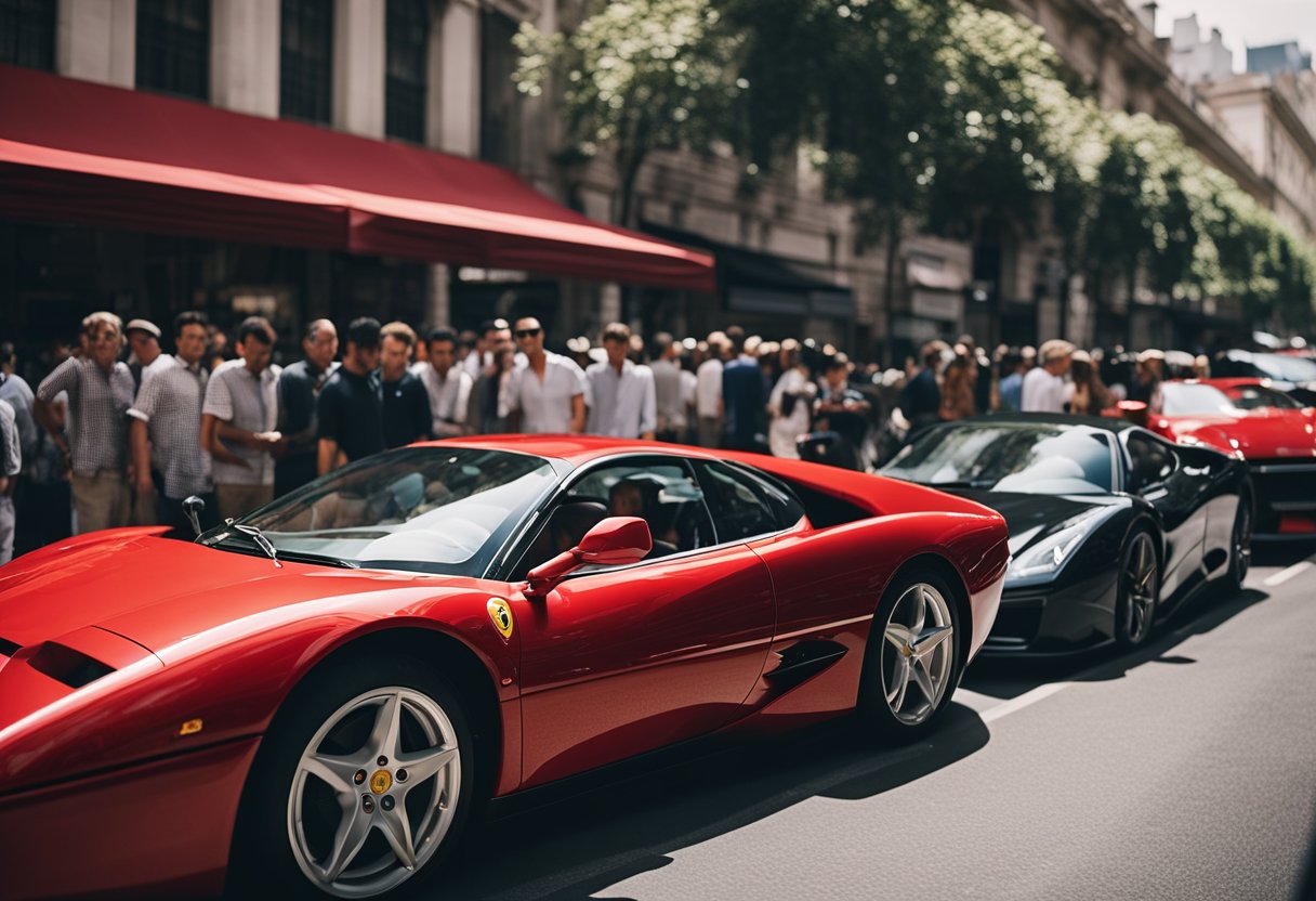 A sleek red Ferrari parked next to a line of luxury cars at a bustling market, with people admiring its design and taking photos