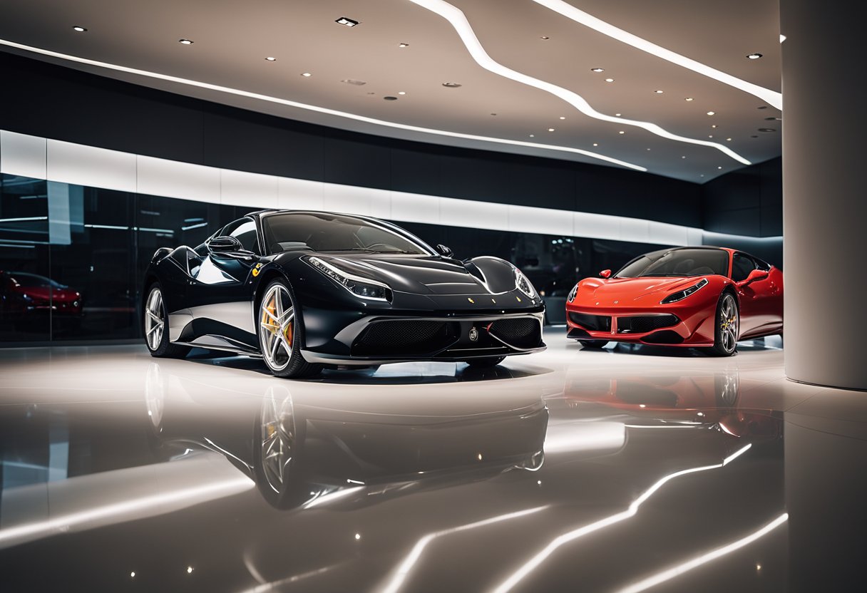 The new Ferrari release is showcased in a sleek, modern showroom with bright lights and a polished floor. The car is the focal point, with its bold lines and shiny exterior drawing in onlookers