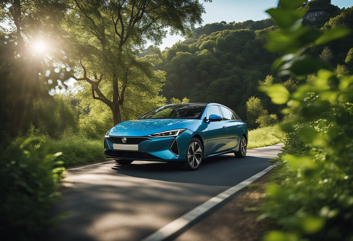 A hybrid car parked in a scenic location, surrounded by lush greenery and clear blue skies, with a sense of calm and tranquility