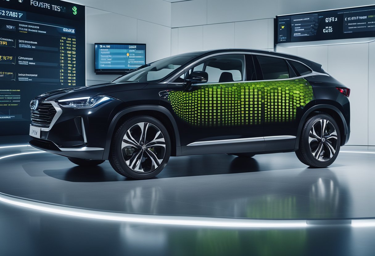 A hybrid car parked in front of a digital display showing "1 year long-term test results." The car is surrounded by a clean and modern environment, with a sense of efficiency and sustainability