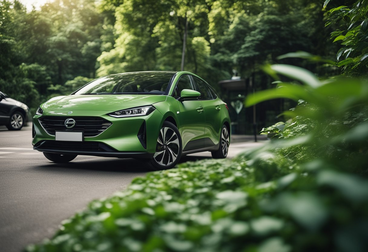 A hybrid car parked in a lush, green environment for one year, surrounded by various forms of pollution and environmental degradation