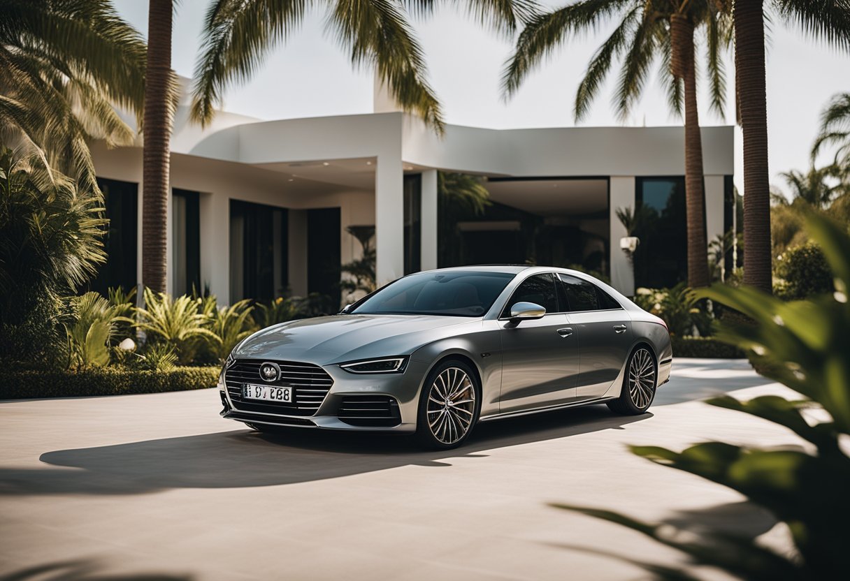 A sleek imported car parked in front of a luxury villa, with palm trees swaying in the background