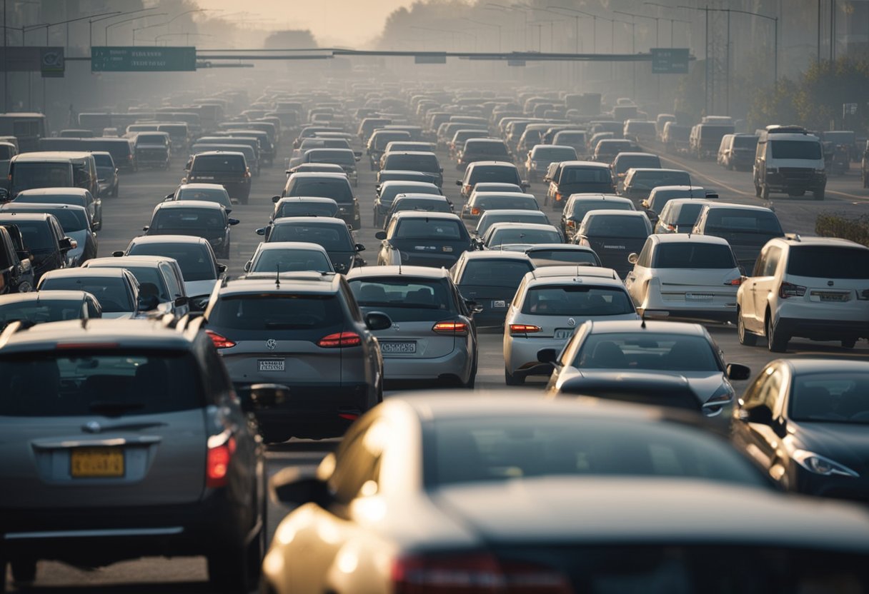 A polluted city with imported cars emitting exhaust. Smog fills the air while local wildlife suffer