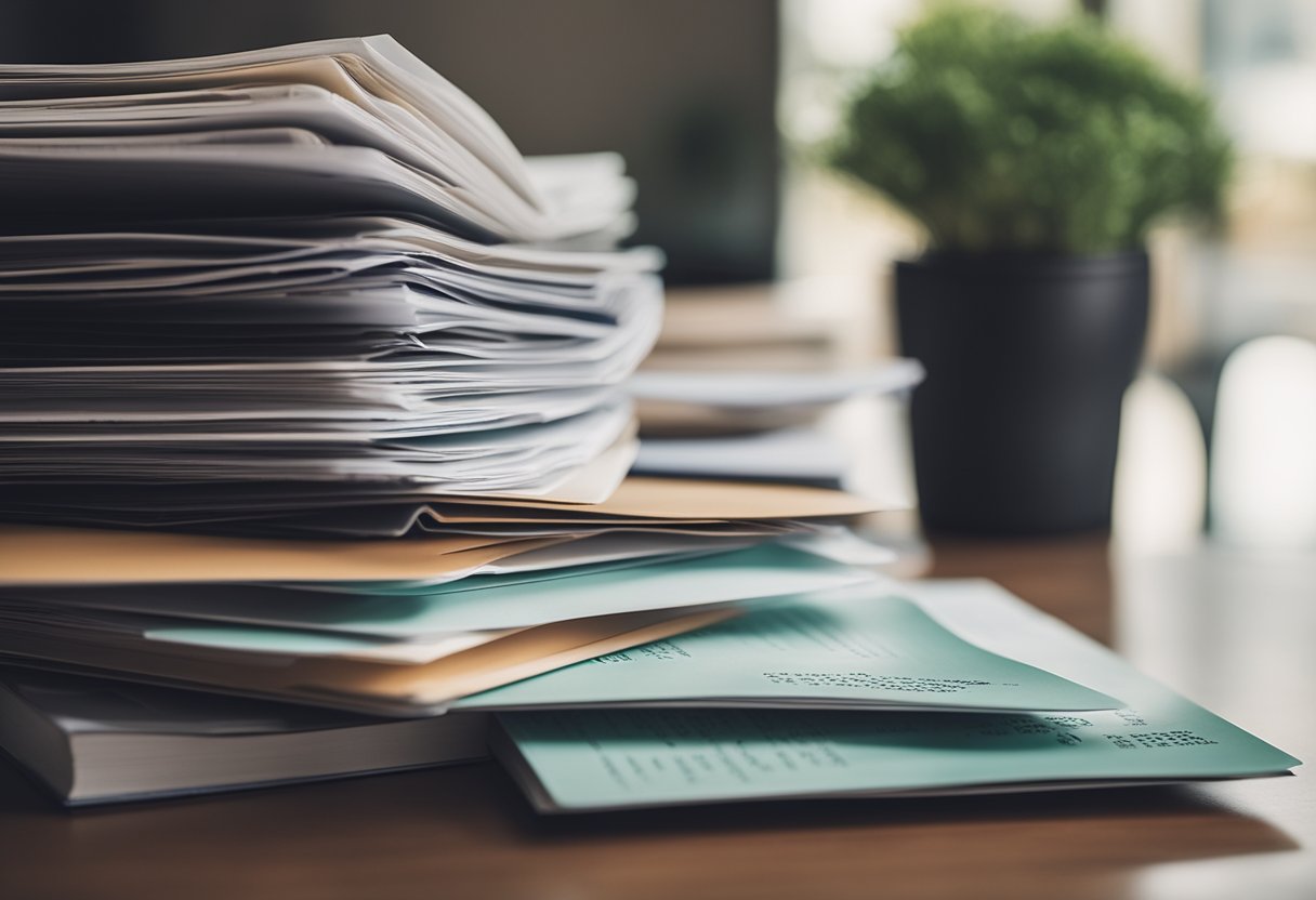 A stack of imported car brochures on a desk, with a list of advantages and disadvantages written on a notepad next to them