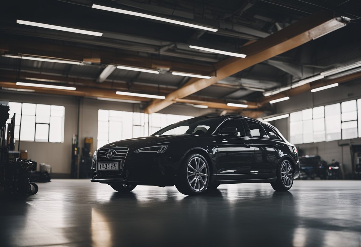 A car parked in a garage with a mechanic checking the engine oil and inspecting the tires for wear and tear