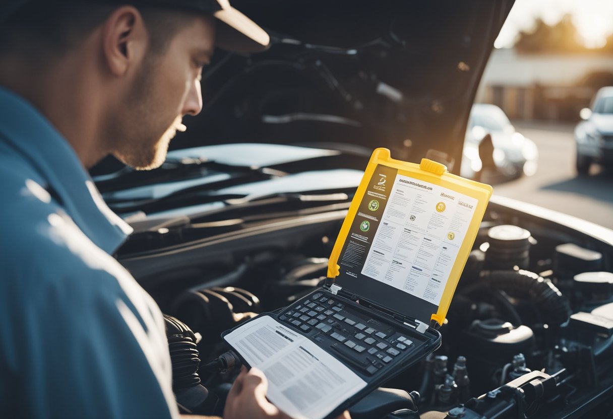 A mechanic checking car fluids and lubricants using a maintenance guide