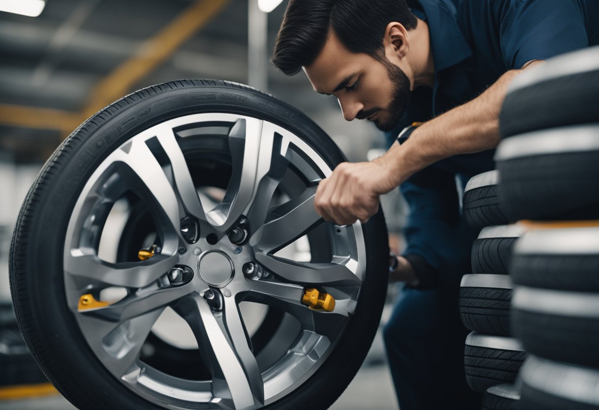 A mechanic inspects car tires and wheels for preventive maintenance