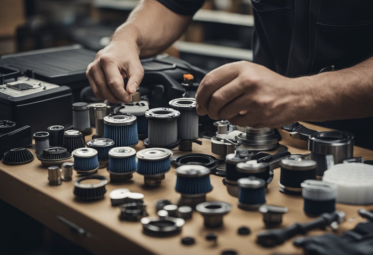 A mechanic replacing car filters with labeled guide in hand. Tools and car parts scattered on workbench