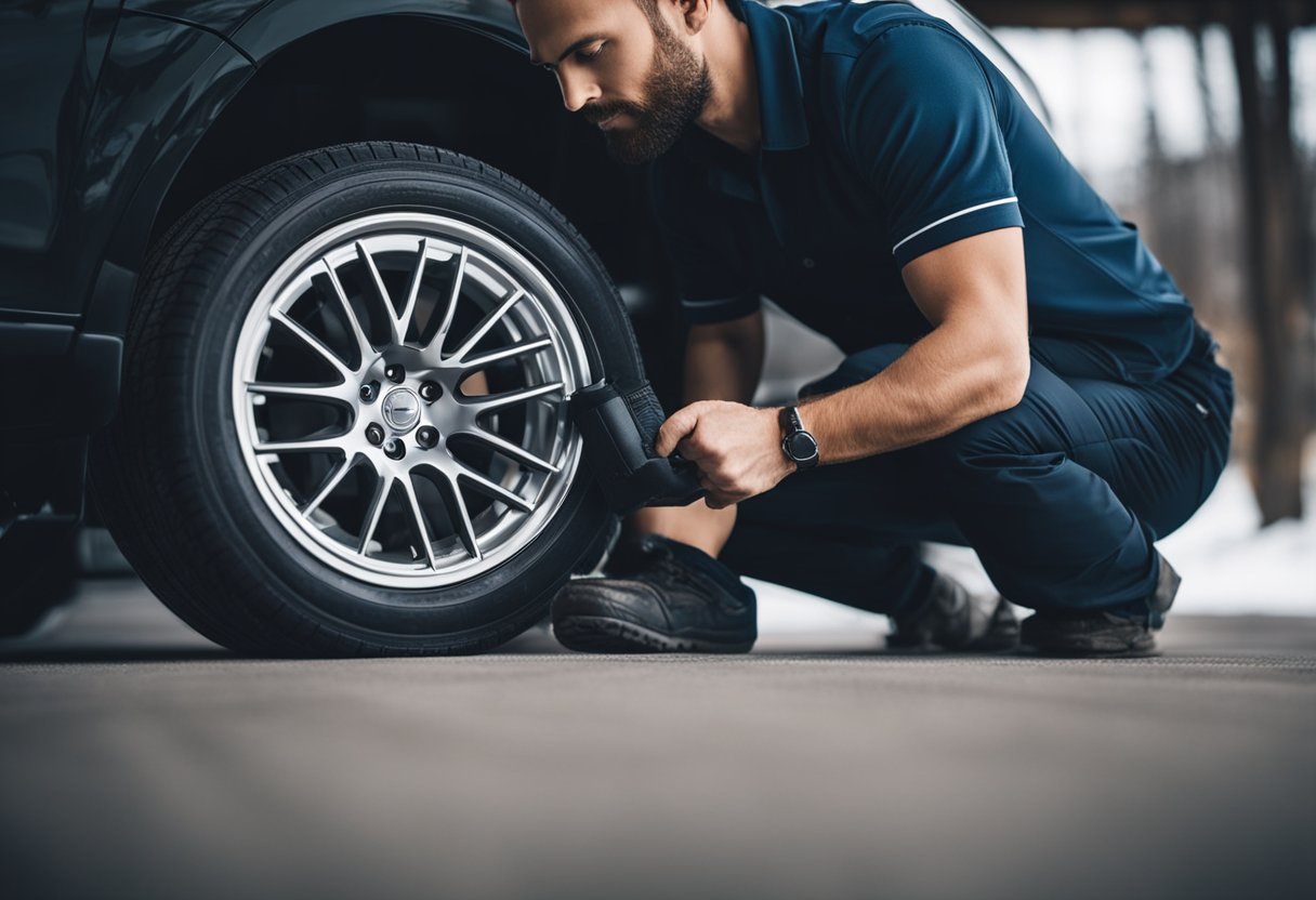 A mechanic checking tire pressure and tread depth, while adding winter tires to a vehicle