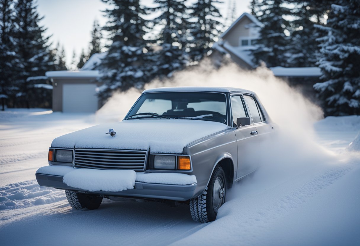 A car parked in a snow-covered driveway, with steam rising from the hood. The driver's side window is frosted over, and the tires are surrounded by snow