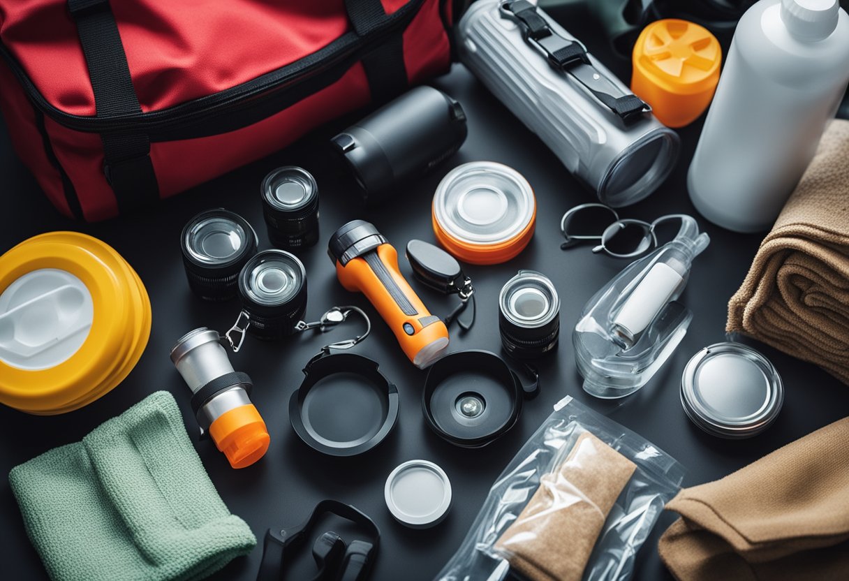 A winter emergency kit being prepared for a vehicle, including items such as a flashlight, blanket, first aid supplies, and non-perishable food