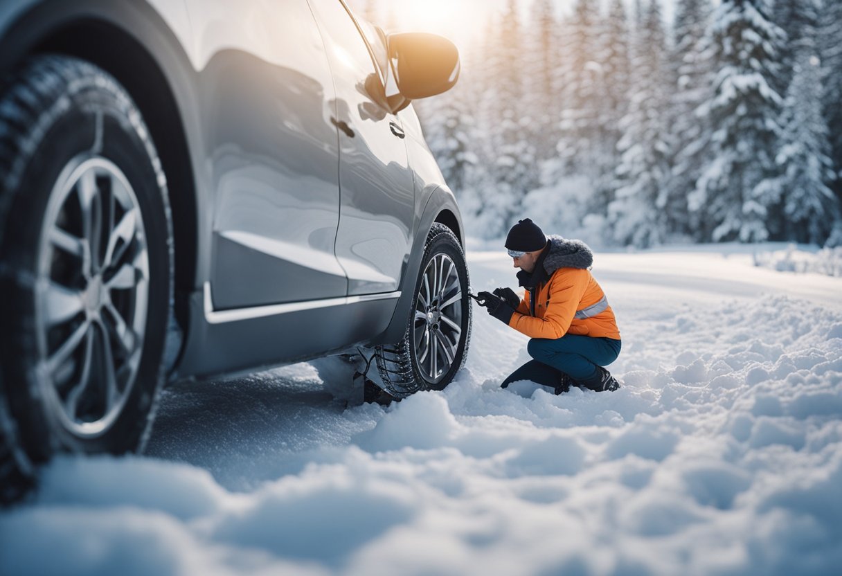 A car parked in a snowy landscape, with snow chains being installed on the tires and a person checking the antifreeze levels