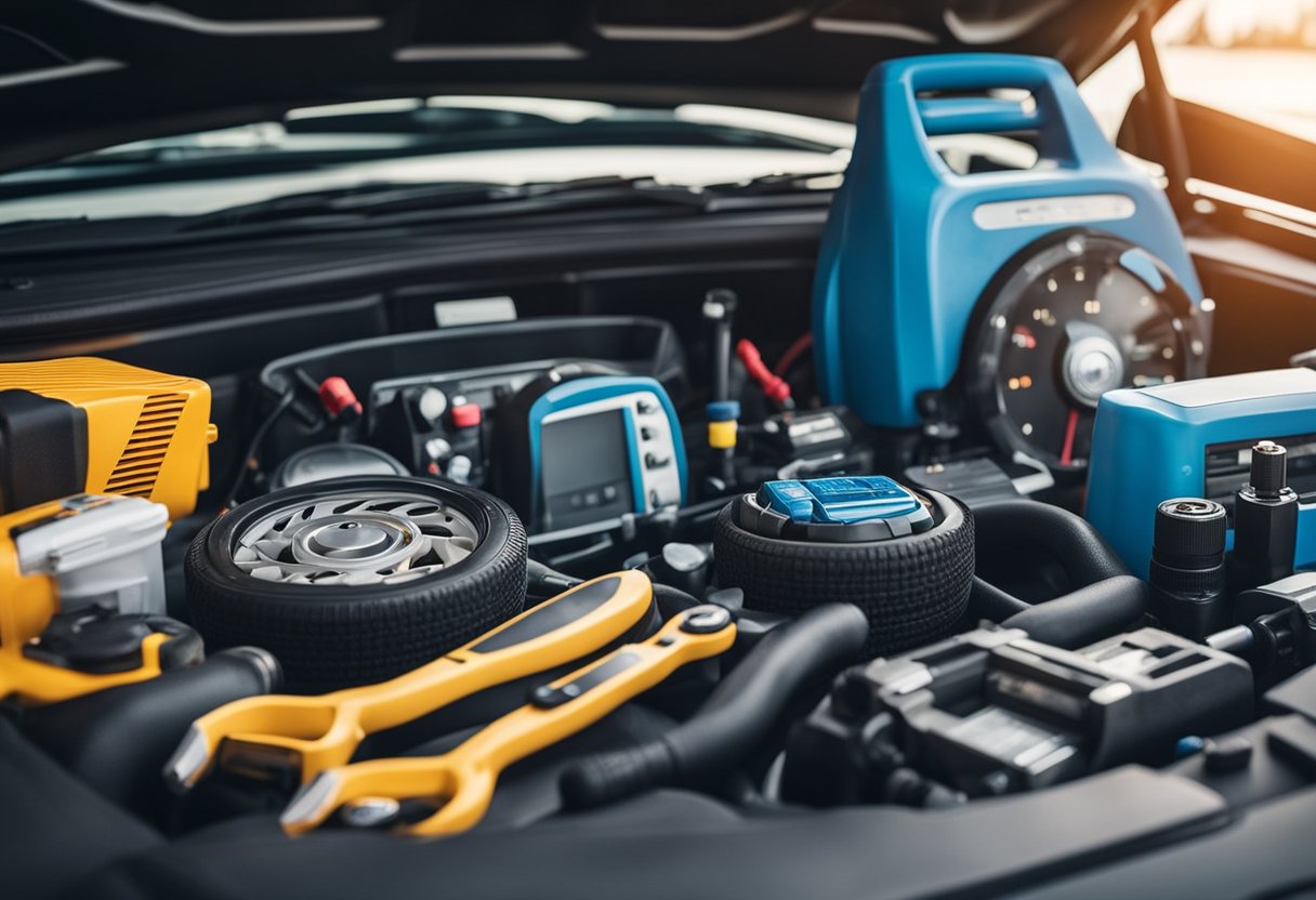 A car with a well-maintained air conditioning system, surrounded by tools and maintenance products. A checklist of maintenance tips displayed nearby