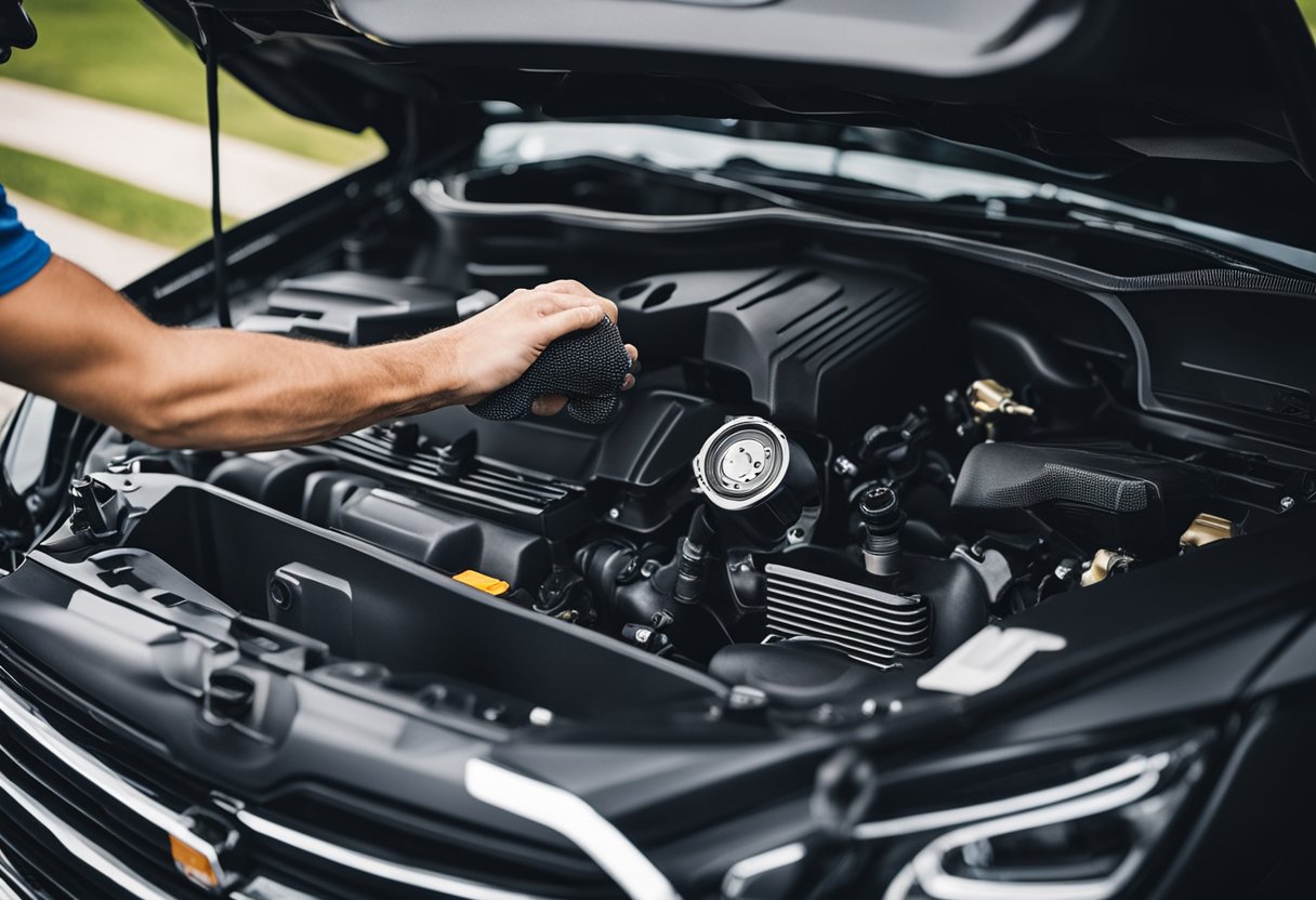 A hand reaches into a car engine, replacing the air filter. Tips for maintaining car AC are listed below