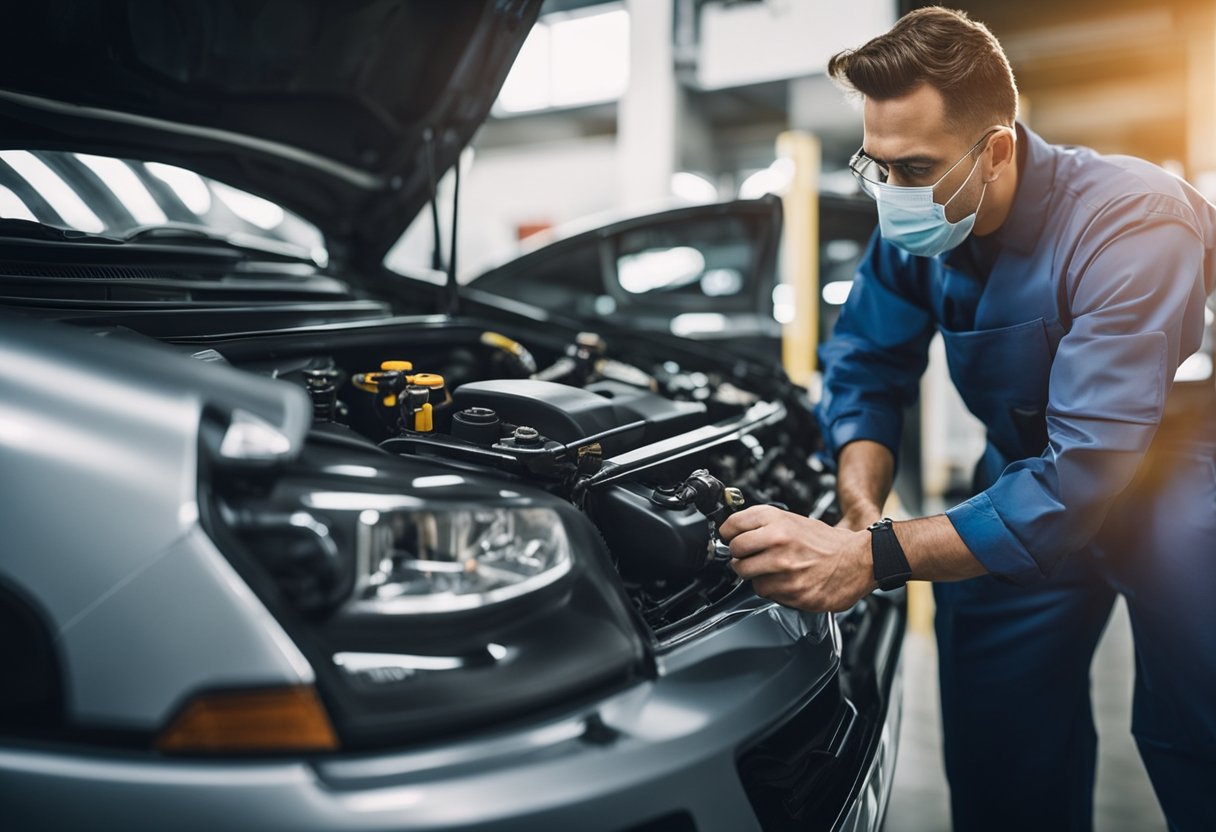 A car with its hood open, a technician adding refrigerant to the air conditioning system. Tools and a canister of refrigerant are nearby