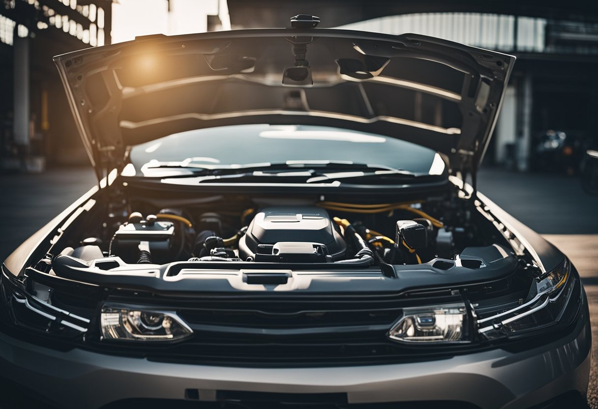 An open car hood with electrical system inspection. Air conditioning unit visible. Tools nearby