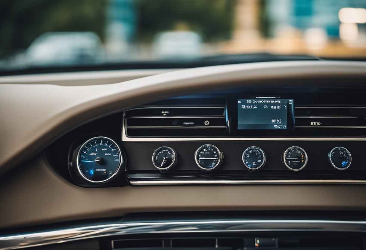 A car with a well-maintained air conditioning system, surrounded by clear and simple instructions for usage and driving habits