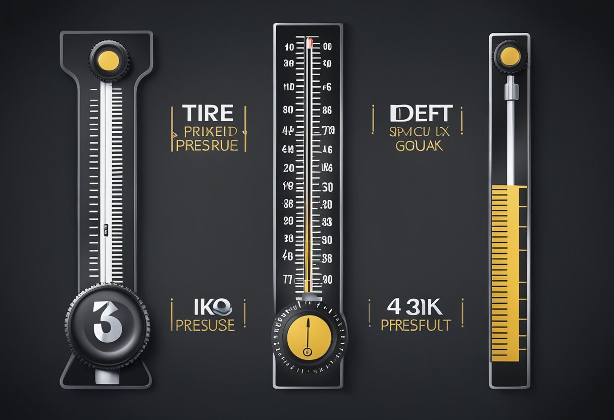 Tire wear signs: tread depth gauge, worn tire tread, tire wear indicator bars, tire pressure gauge, tire tread depth measurement tool