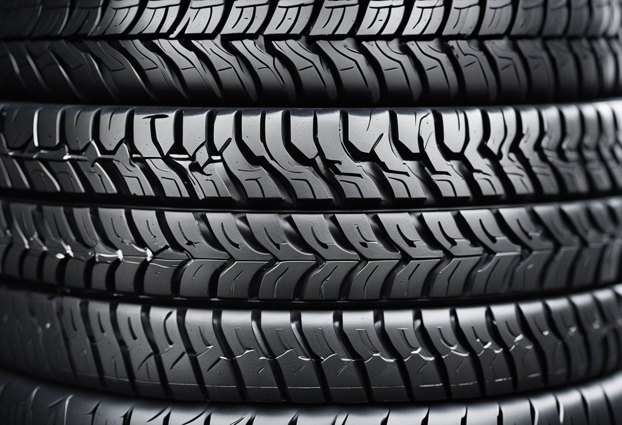 Tire wear signs: tread depth, uneven wear, cracks. No human subjects