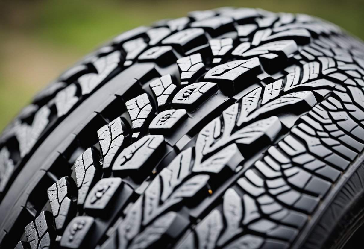 A worn tire with visible signs of wear, such as tread depth indicators, cracks, or uneven wear patterns. A new tire next to it for comparison