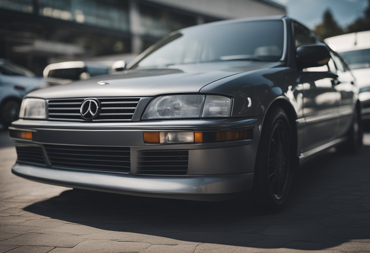 A car parked on a level surface with visible signs of wear on the tires, such as low tread depth or cracks in the rubber