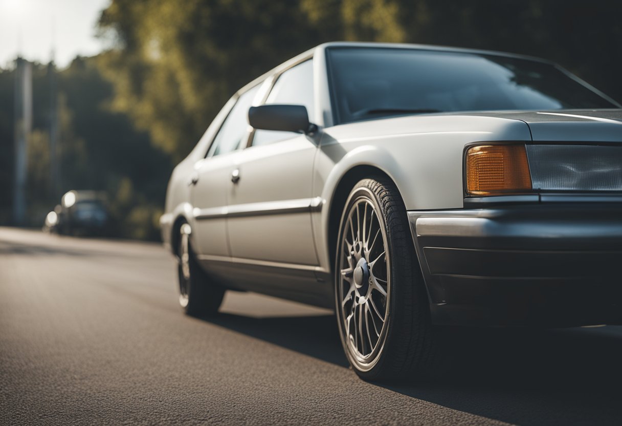 A car parked on the side of the road, with a close-up of worn-out tires showing visible signs of wear and tear