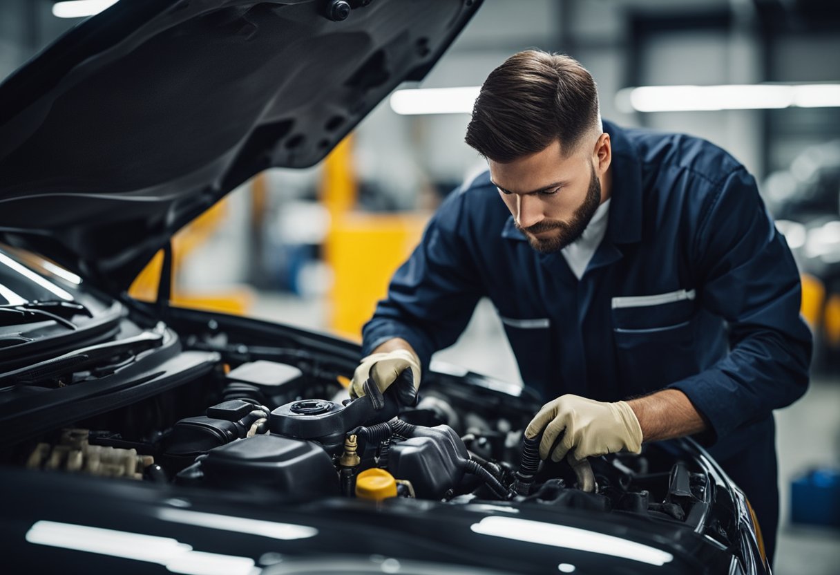 A mechanic carefully inspects and cleans the car engine, checking oil levels and changing filters. Regular maintenance is crucial for engine longevity