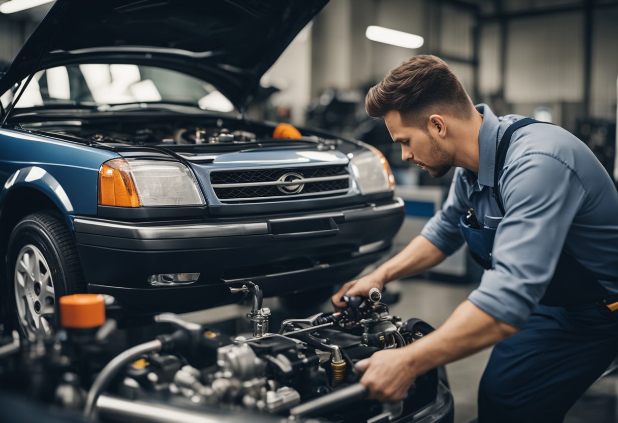 A mechanic carefully inspects the car's fuel system and engine for essential maintenance