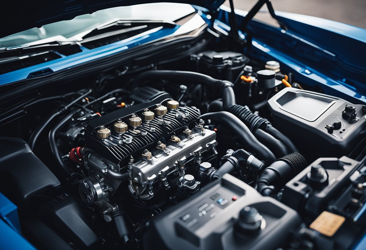 A car engine being carefully monitored with an electrical system in the background