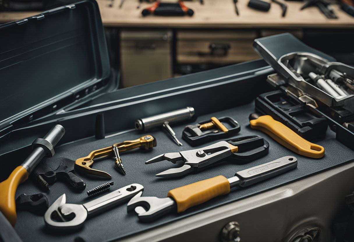 A toolbox open on a garage workbench, with a wrench, screwdriver, and pliers laid out next to a car manual and a small oil can