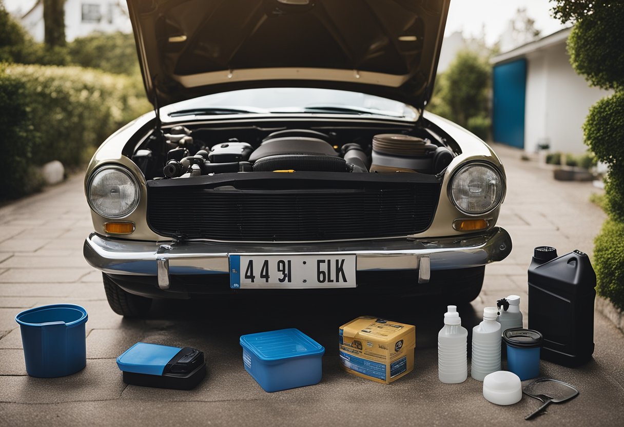 A car parked in a driveway, with the hood open and various tools and oil containers scattered around. A person's hand is seen changing the oil and filters