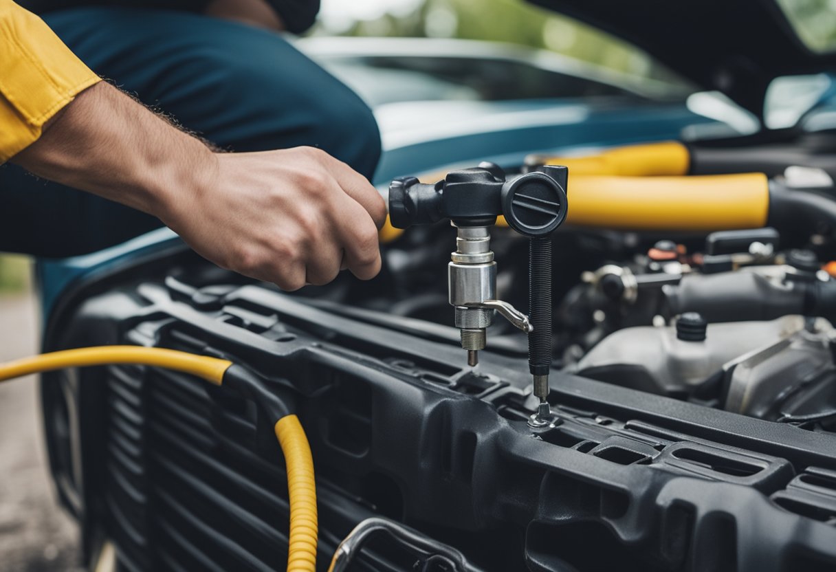 A person tightening a hose clamp on a car's radiator. A small puddle of coolant on the ground. A wrench and screwdriver nearby