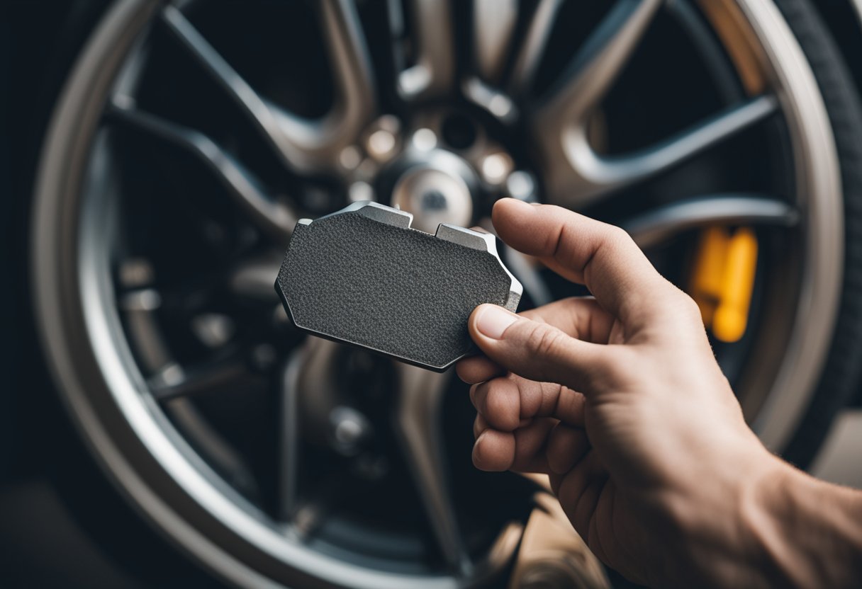 A hand holding a brake pad, with a wrench and car wheel in the background