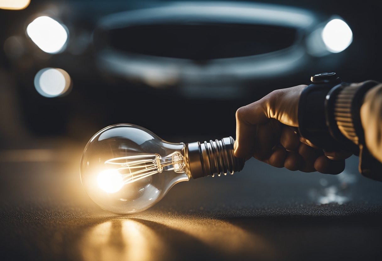 A hand holding a new light bulb, reaching towards a car's headlight. The car's hood is open, and tools are scattered around