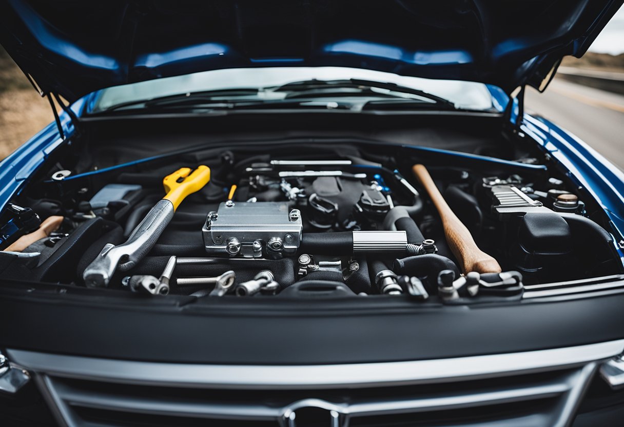 A person's hand holding a wrench tightens a bolt under the hood of a car. A toolbox sits open nearby, with various tools scattered around