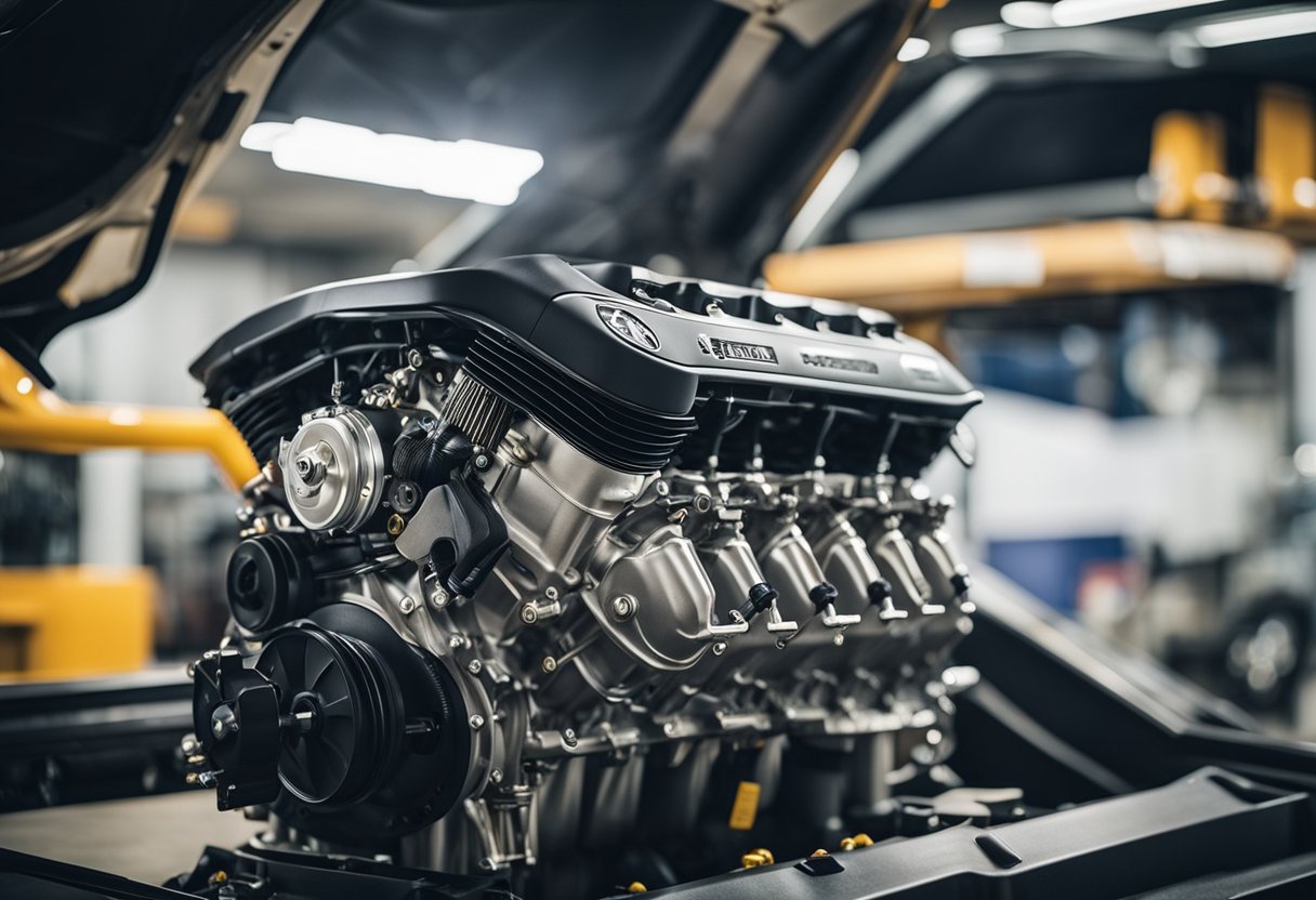 A sedan car engine being upgraded with performance parts