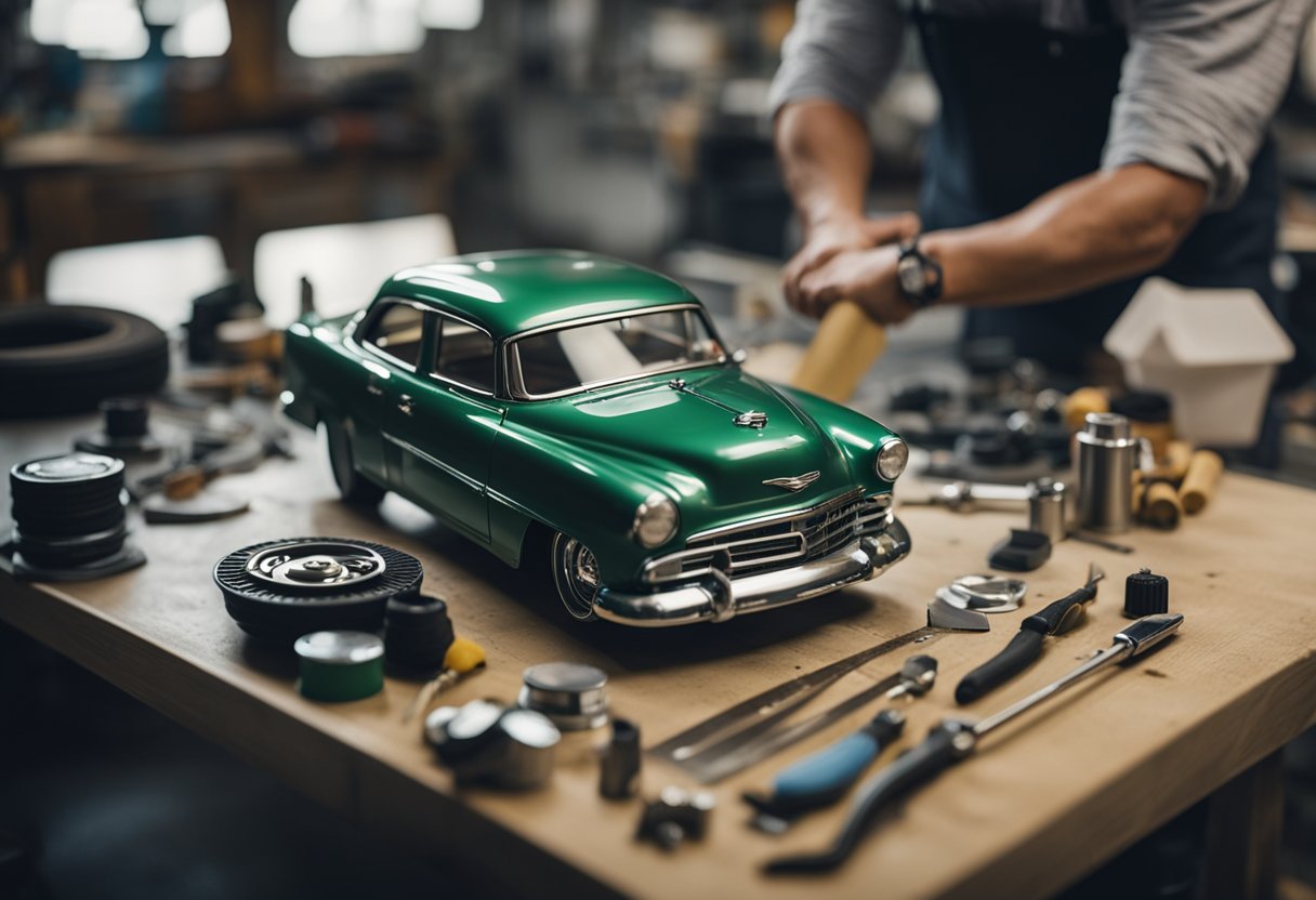 A person customizing their car with budget-friendly options. Tools and materials scattered around a small, cluttered garage. A car being painted or modified