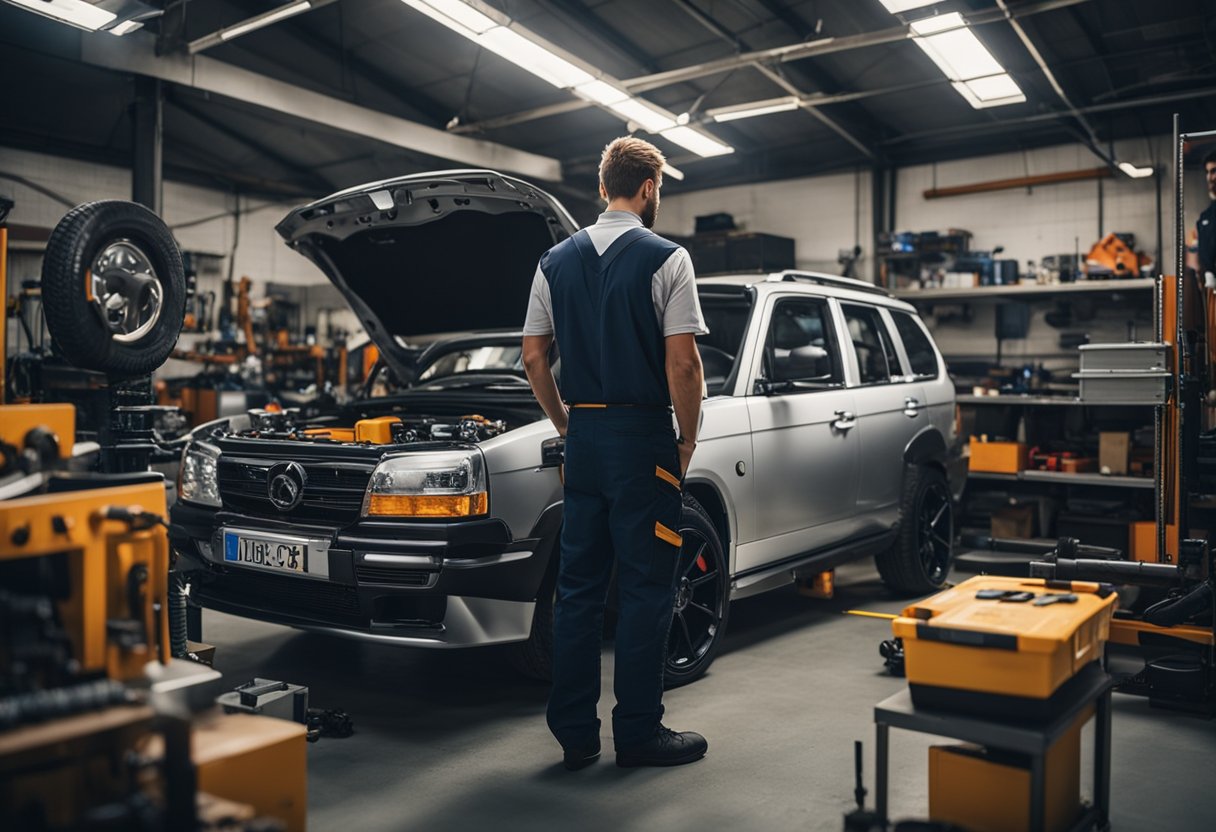 A mechanic inspects a modified vehicle for safety and legality, surrounded by tools and equipment in a well-lit workshop