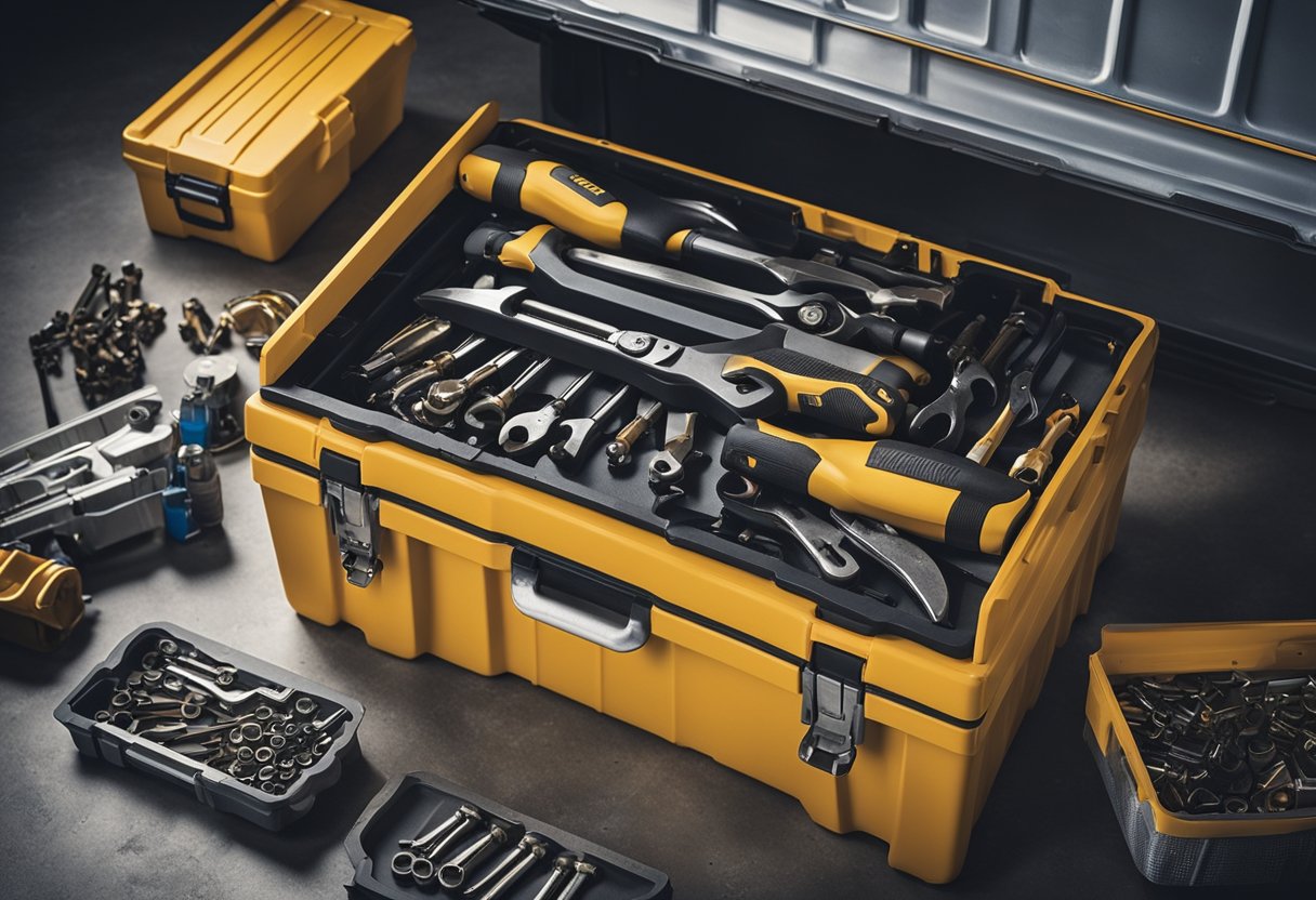 A toolbox open on a garage floor, with wrenches, screwdrivers, and oil cans scattered around. Car parts and maintenance equipment in the background