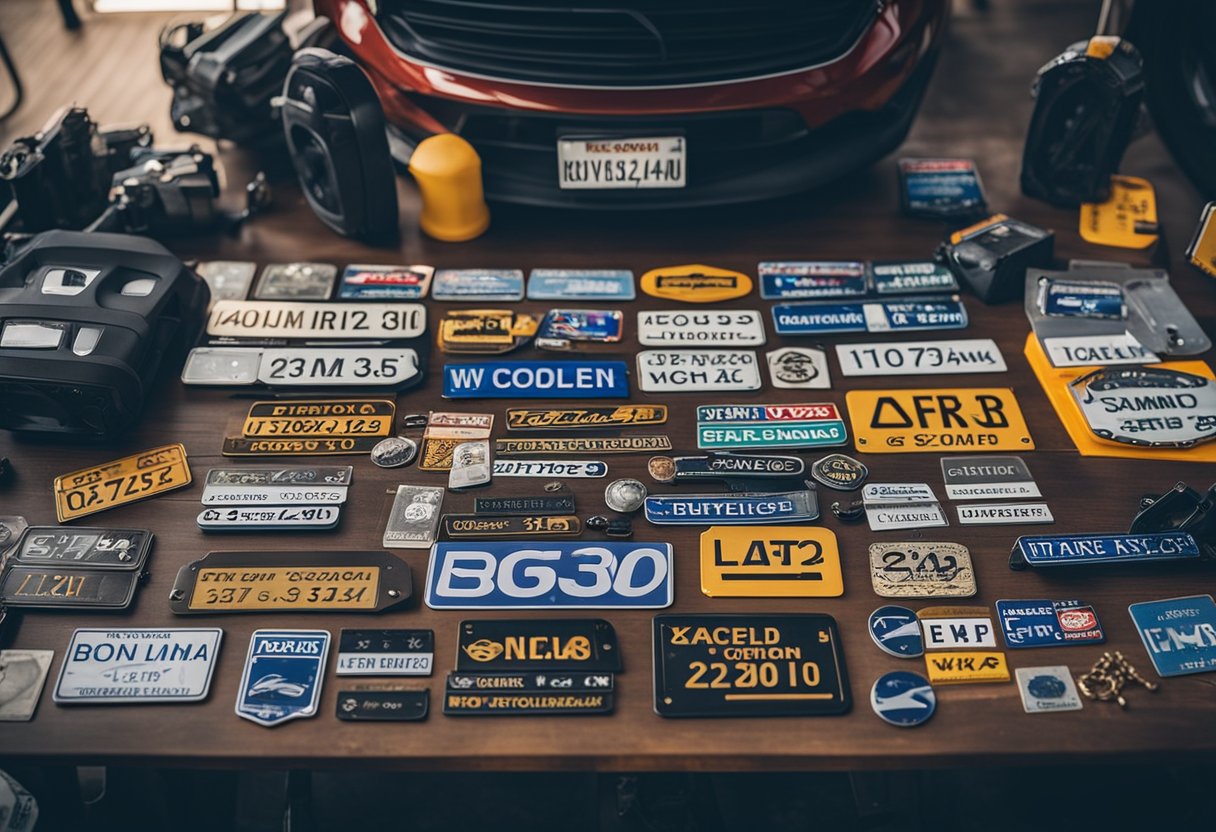 A car enthusiast's workbench cluttered with personalized license plates, car decals, and sleek car accessories