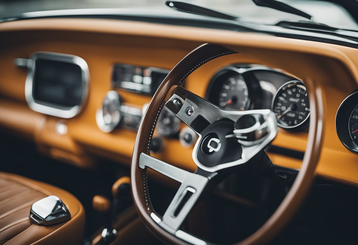 A car enthusiast's essential accessories: steering wheel, seatbelt, and car key on a sleek dashboard