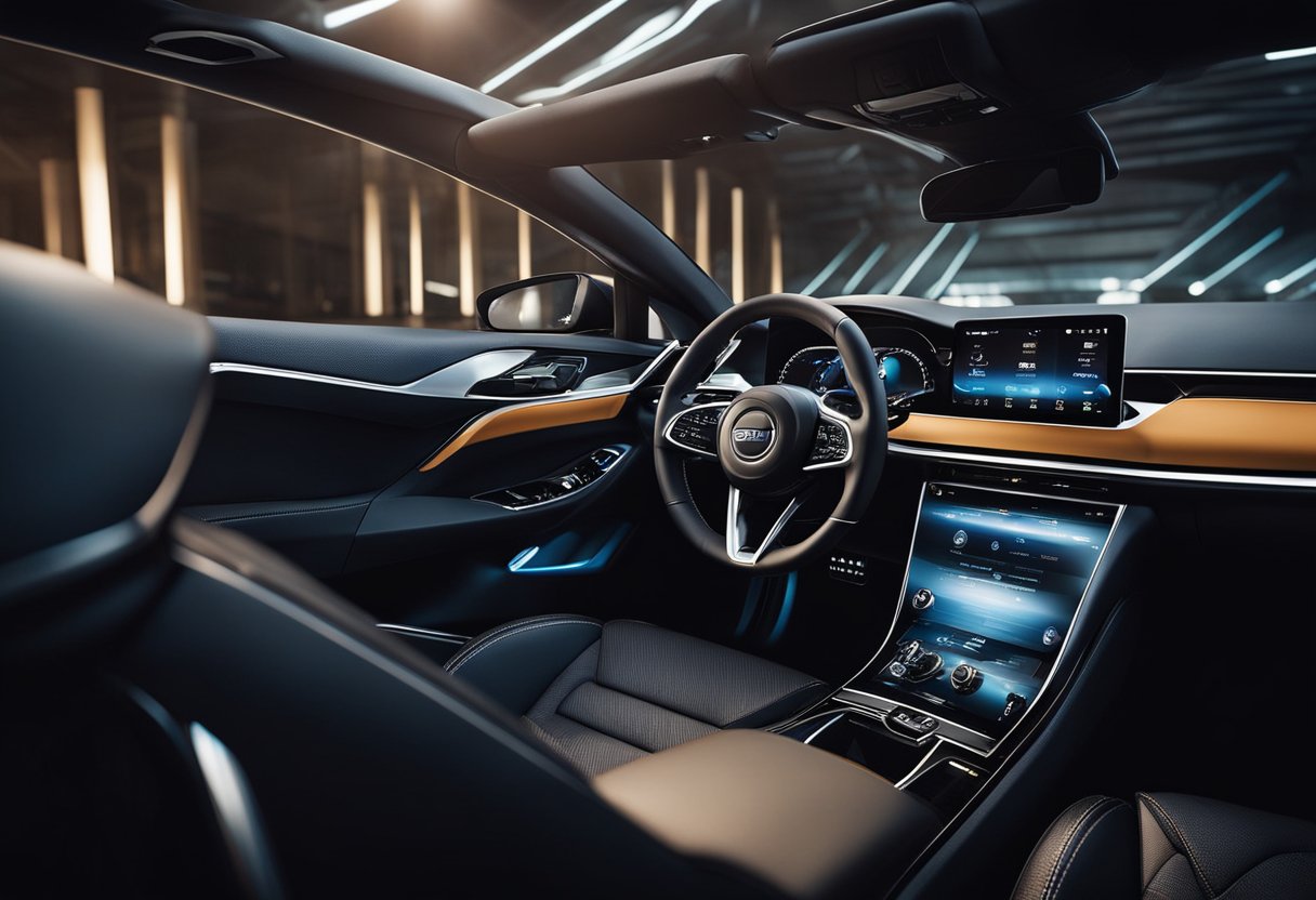 A sleek, modern car interior with high-tech gadgets and accessories, showcasing connectivity and technology for car enthusiasts