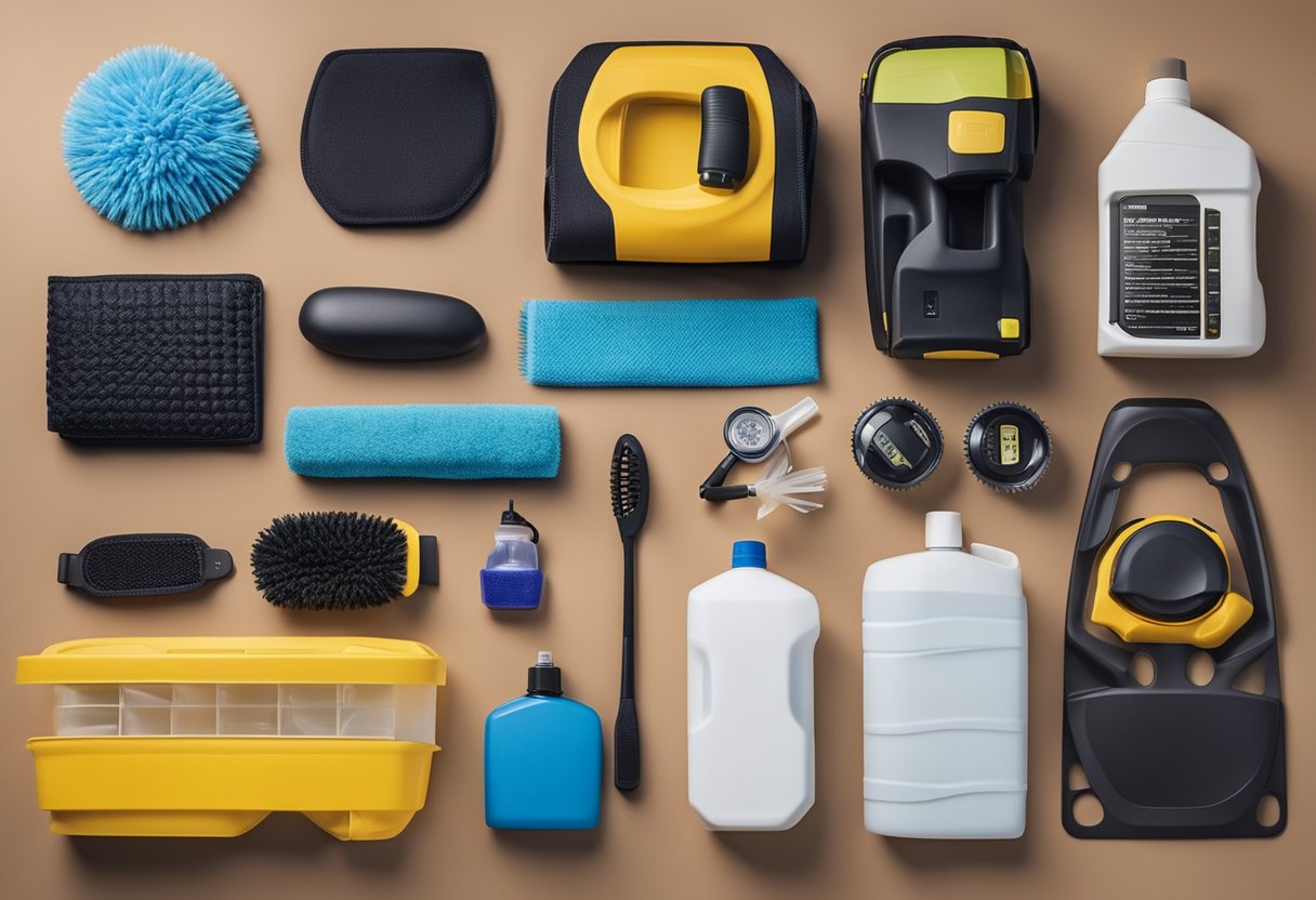 A table with car accessories: steering wheel covers, air fresheners, and seat covers. A toolbox and car cleaning supplies nearby