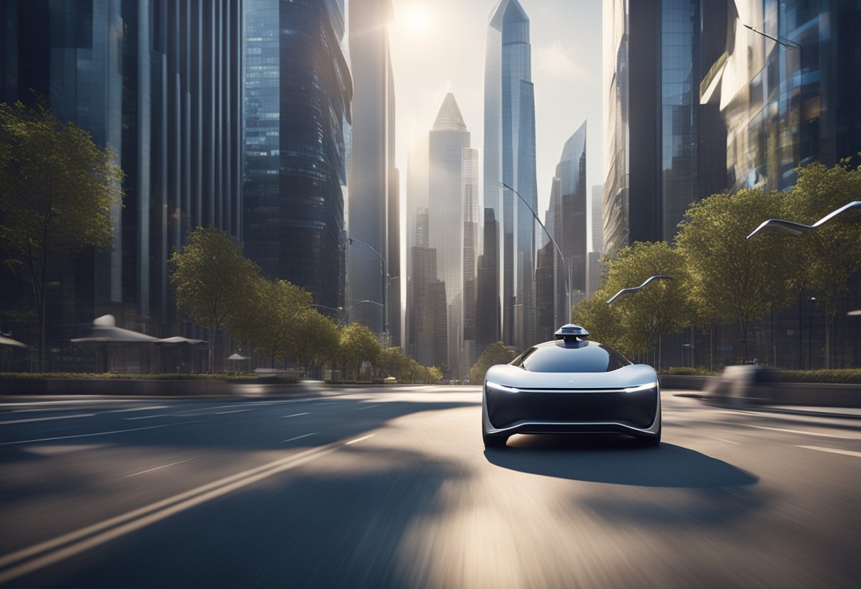 A sleek autonomous vehicle navigates a futuristic cityscape using advanced technology